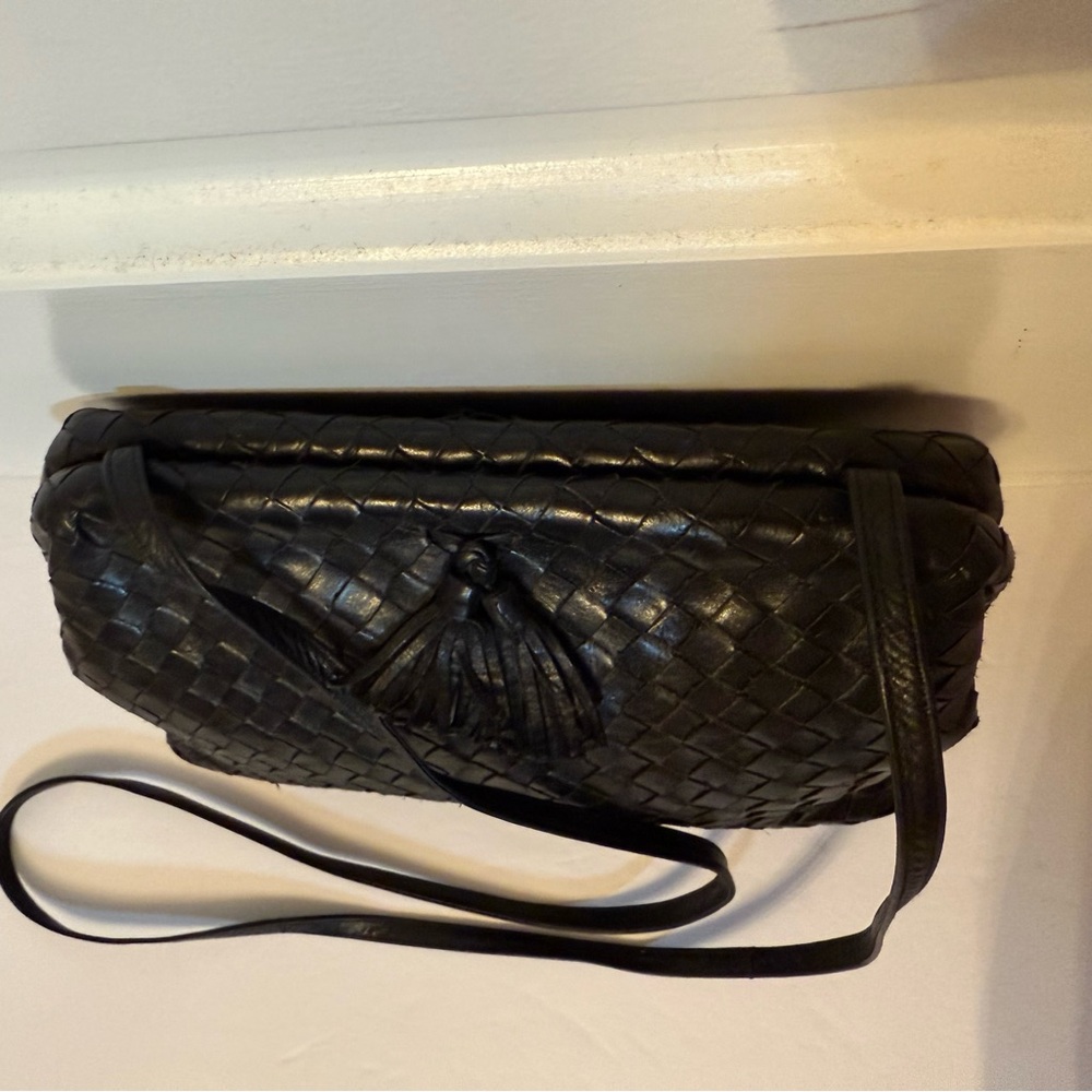 MEYERS USA CROSSBODY BAG BLACK LEATHER WOVEN BASKET WEAVE VINTAGE KISSLOCK HINGE - Picture 6 of 16